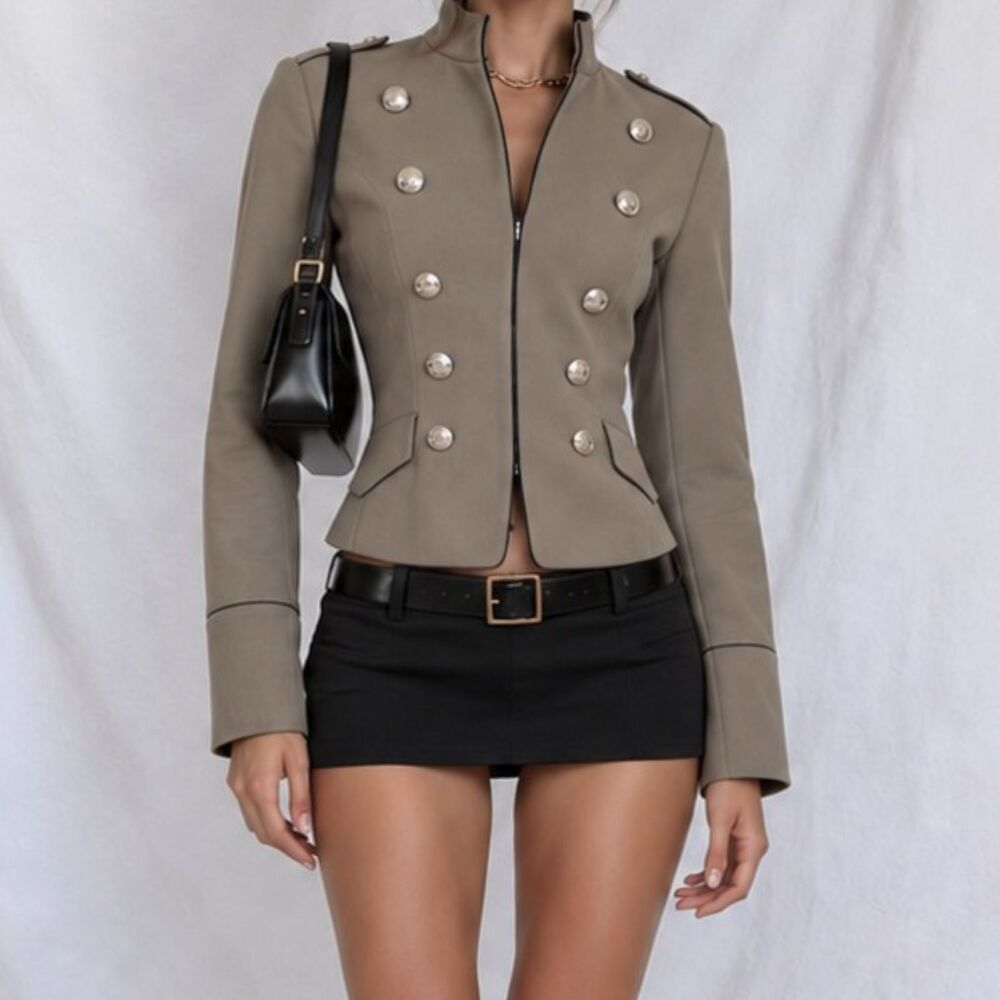 Mango Olive Green Button Front Military Style Shoulder Padded Jacket Size XS